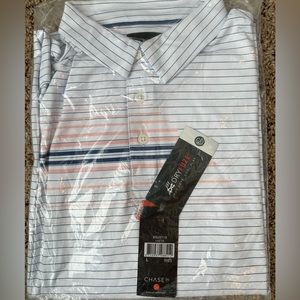 Men’s golf polo, Chase54 brand, striped, dry fit fabric size large, NWT